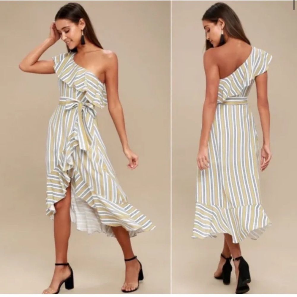 Lulu's Yellow White Striped high low ruffle preppy one shoulder Dress medium EUC